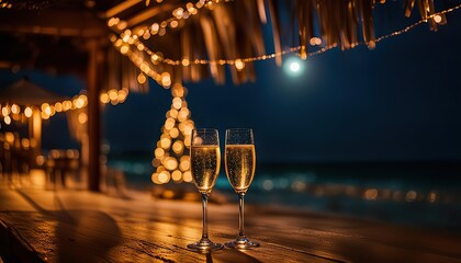 Christmas night blurred with full moon.Glasses of champagne at beach bar.