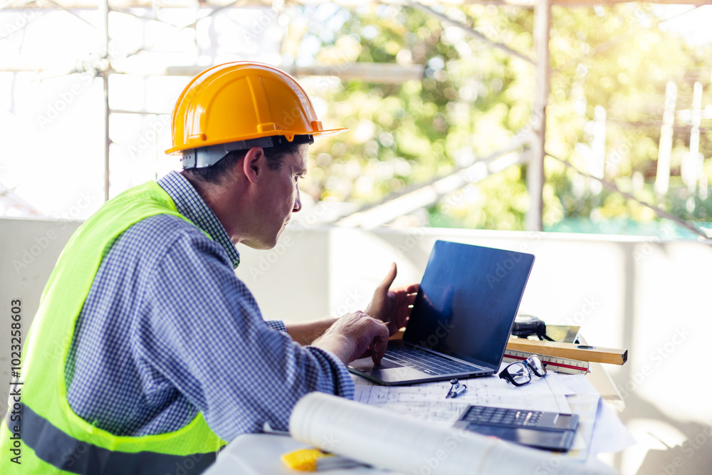 Poster caucasian male architect engineer construction worker using computer laptop working on blueprint des