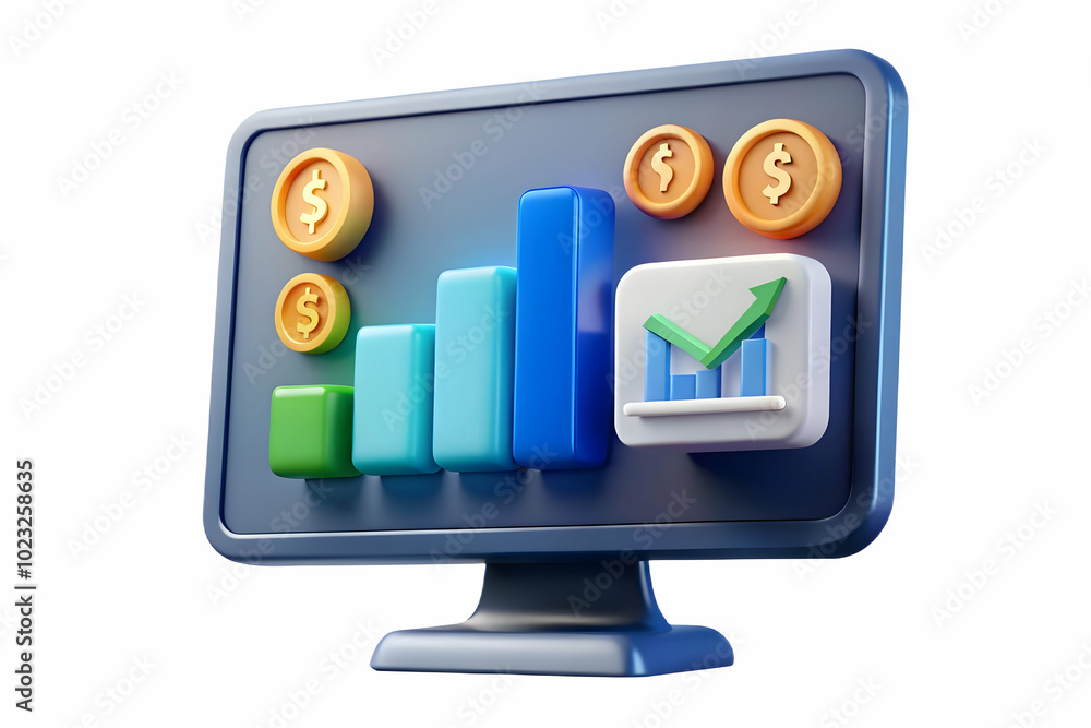 Poster glossy desktop monitor displaying holographic financial dashboards and floating currency symbols - p