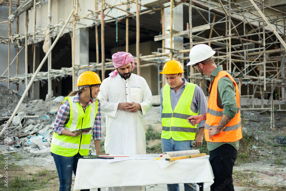 Poster architect engineer technician construction worker all working together as a team, working communicat