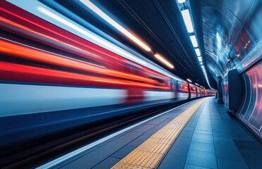 A fast-moving subway train captured with a long exposure, creating dynamic light trails and a sense of speed. The image emphasizes urban motion and modern transportation.