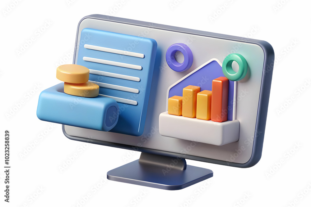 Poster high-resolution glossy desktop monitor with floating holographic loan documents and interest rate gr