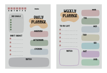 Modern collection of daily weekly planner printable template with colorfull ellements. Collection of note paper, to do list, stickers templates. Blank notebook page A4