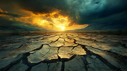 A Dried-Up Landscape with Cracked Earth Under a Dramatic Sunset Sky
