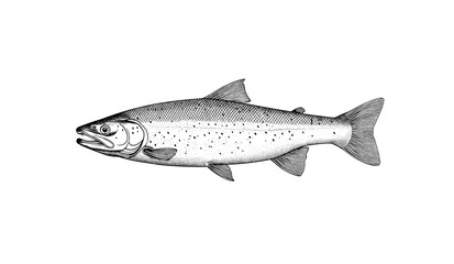 Obraz premium Fish sketch salmon trout. Vintage retro print, black white salmon trout fish sketch ink pencil style drawing, linear drawing, engrave old school. Sketch artwork salmon trout fish. Illustration