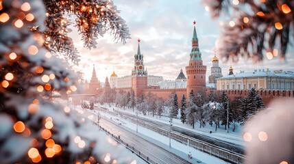 Moscow Kremlin and frosty train window view