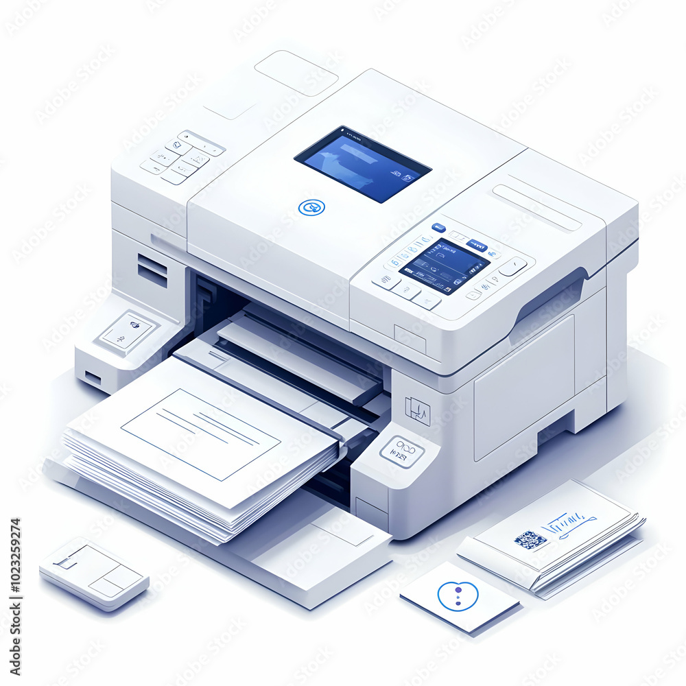 Poster vector image of isolated printer and stack of paper on white background - essential office equipment