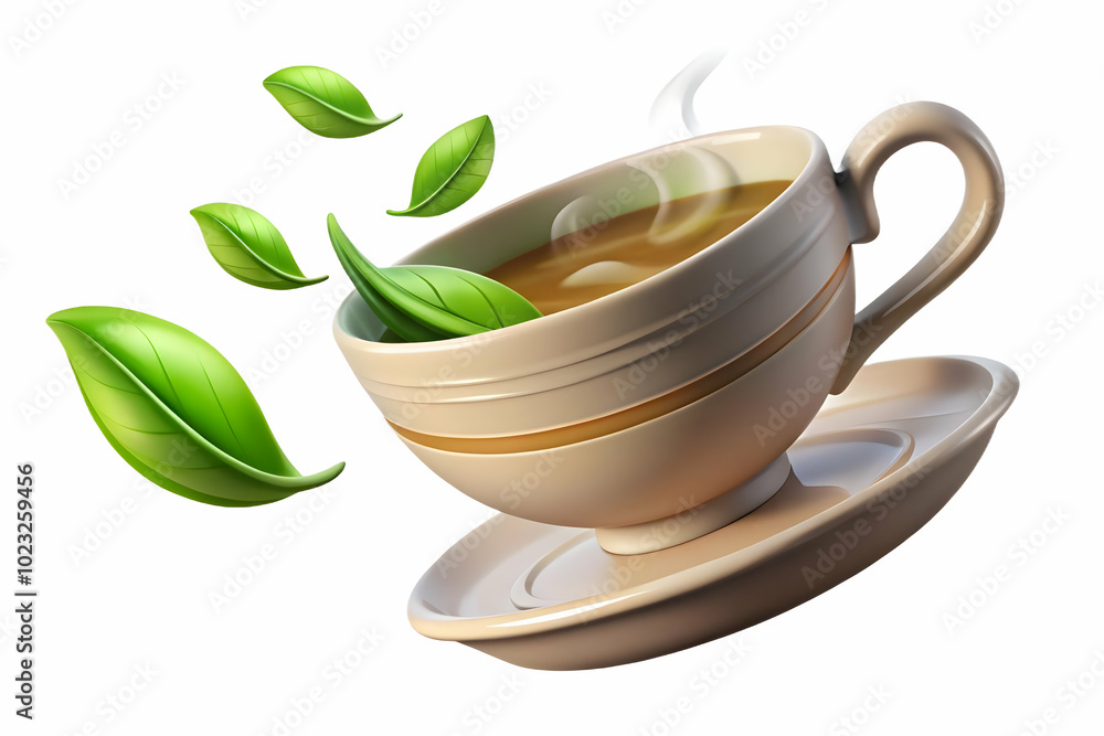 Poster serenity: flat floating teacup with tea leaves creating a calming wave � a tranquil vector illustrat