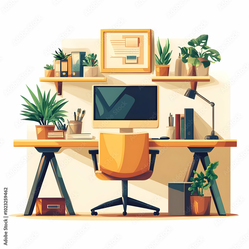 Poster glossy home office setup with abstract digital art background - sleek modern workspace concept for p