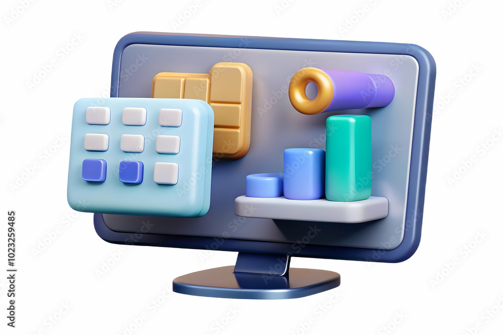 Poster glossy desktop monitor with floating holographic loan documents and interest rate graphs - a profess