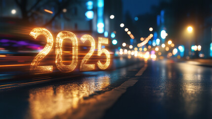 Futuristic light streaks and a glowing '2025' on the street signify speed and innovation for the coming year.