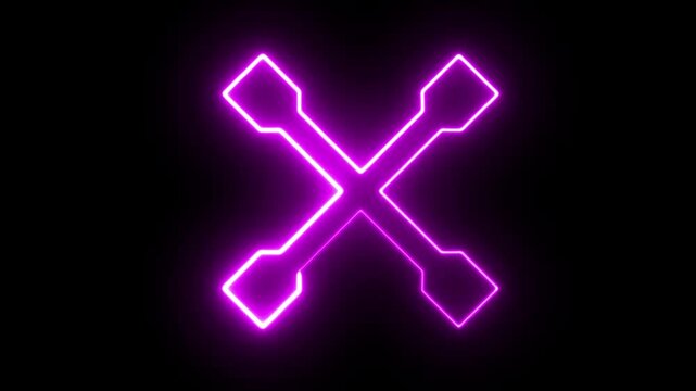 neon Glowing Purple Crossed Tools Icon on Dark Background