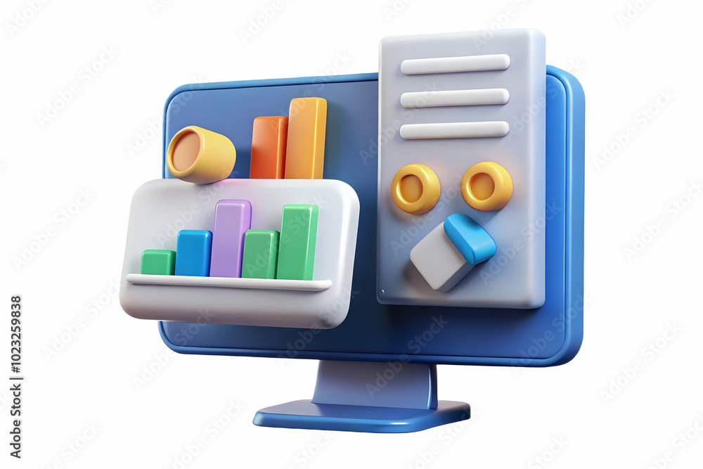 Poster glossy desktop monitor with floating holographic loan documents and interest rate graphs - professio
