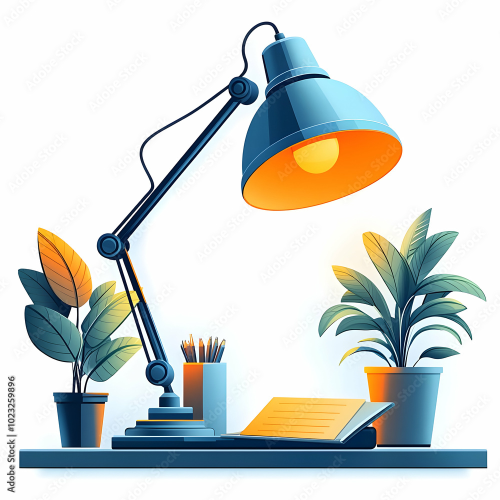 Poster stylish desk lamp and open notebook isolated on white background - clean and organized workspace con