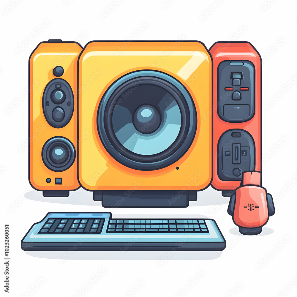 Poster isolated vector image of a desktop speaker and notebook on white background - creative home office t