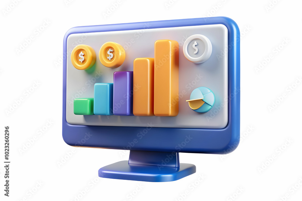 Poster 3d glossy desktop monitor displaying holographic financial dashboards and floating currency symbols 