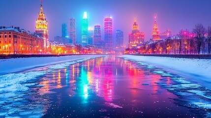 Obraz premium Yekaterinburg skyscrapers and historic sites, neon reflections