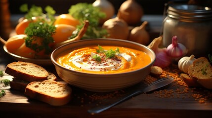 spicy carrot ginger soup, autumn harvest, cozy kitchen, soft lighting, 8k, HD, realistic, comfort food, rich and vibrant colors