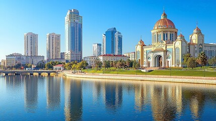 Obraz premium Yekaterinburg skyscrapers and historic sites, neon reflections