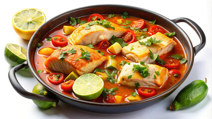 Tasty healthy and nutritious seafood Brazilian fish stew on white or transparent background