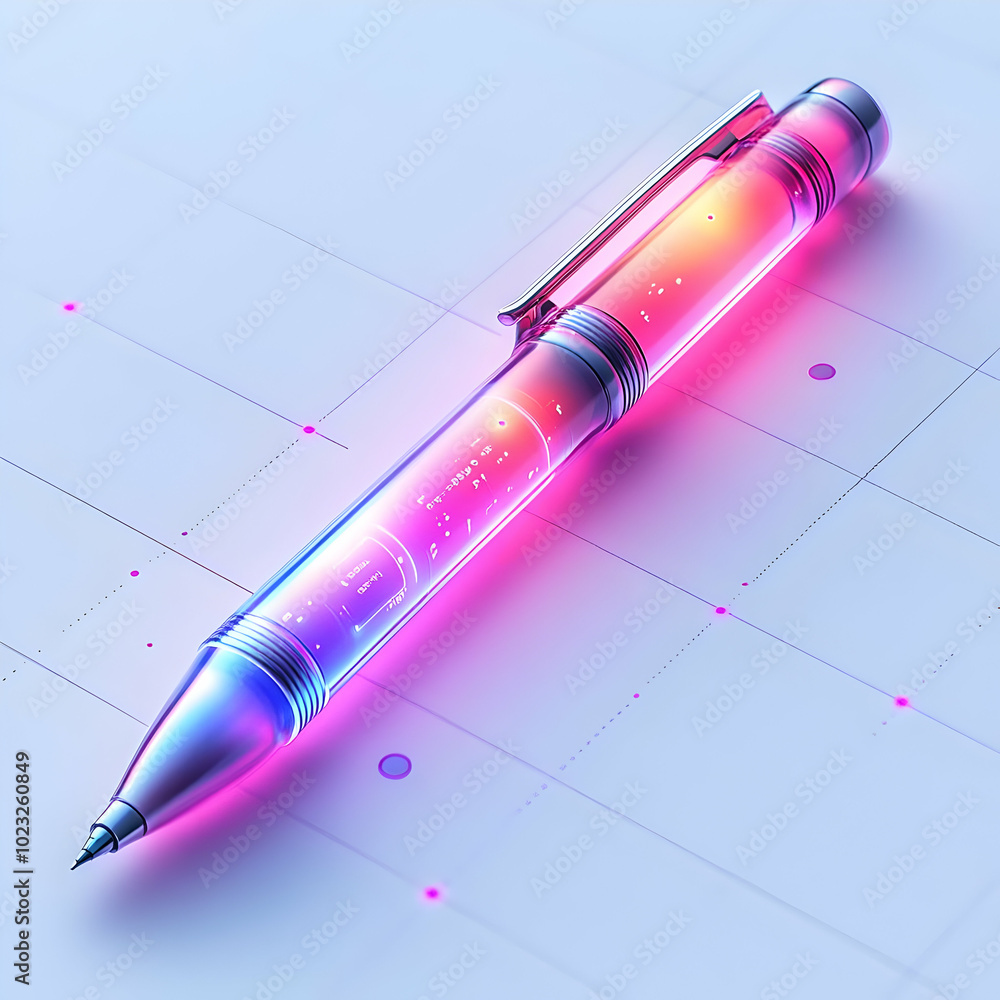 Poster smart pen with holographic notes and reminders concept: showcase of a glowing smart pen isolated on 
