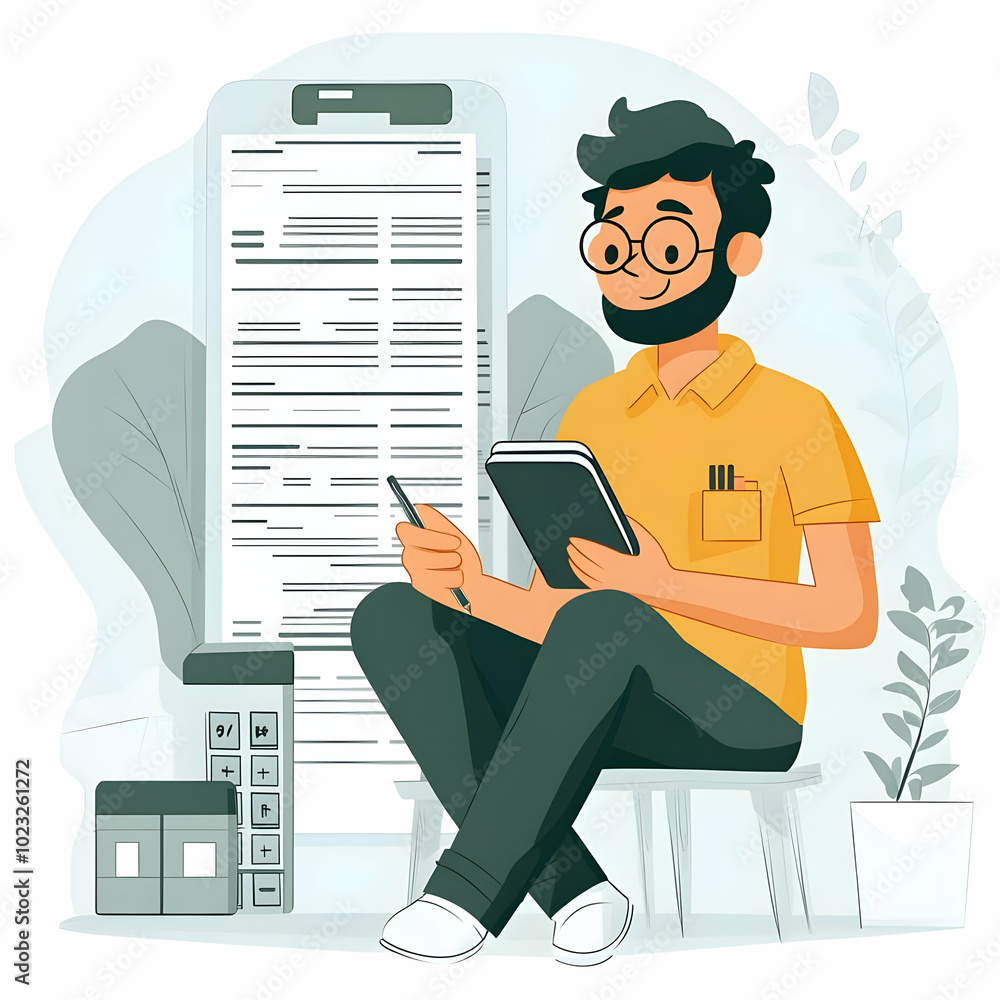 Poster flat vector illustration of person using mobile app for tax filing on smartphone with simple backgro