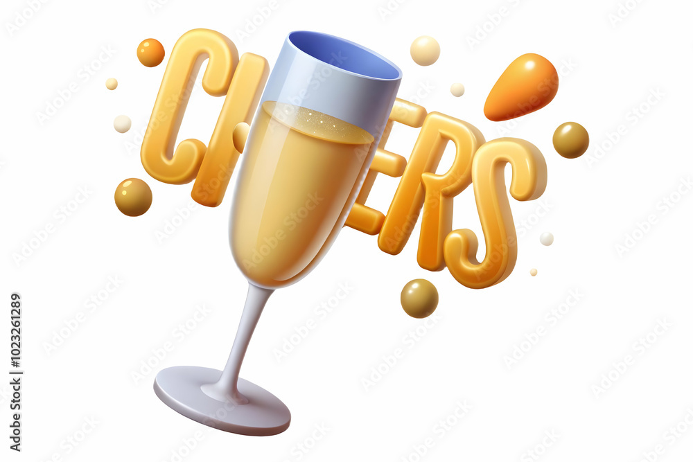 Poster elegant flat vector of floating champagne flute with bubbles and cheers text - perfect for upscale b