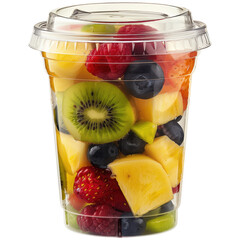 A clear plastic cup filled with a variety of fruit including kiwi, strawberries
