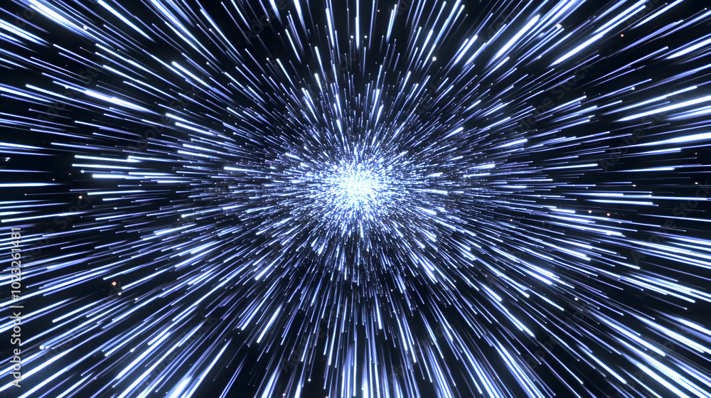 Poster abstract 3d illustration of light streaks radiating outwards from a center point in a black space, c
