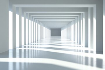 Fototapeta premium A futuristic, white tunnel with symmetrical columns and dramatic light and shadow patterns