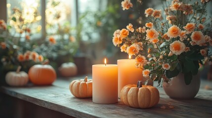 cozy autumn interior featuring candles pumpkins and flowers arranged thoughtfully for a warm inviting atmosphere perfect for seasonal gatherings and relaxation