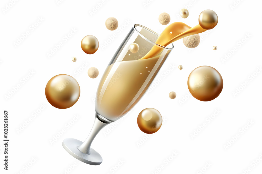 Poster floating champagne flute with bubbles creating a celebratory burst and 'cheers' text - elegant vecto