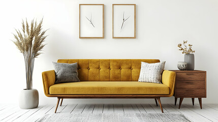 A 3D Rendered Living Room Interior Design with a Yellow Sofa and Wooden End Table