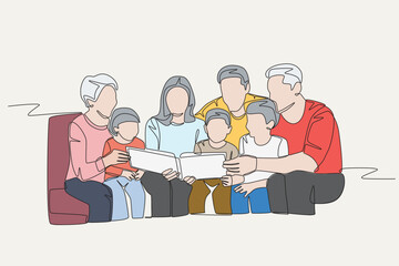 Colored grandparents, parents and children looking at photo albums. Photo album concept one-line drawing