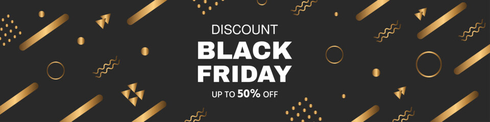 Black Friday typography banner. Black Friday background design with golden geometric decor. Black Friday modern typography illustration on black background. Black Friday sale banner design template.