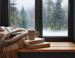 A cozy winter day scene with books and a steaming cup of coffee set in front of a window, showcasing a rainy day in the nature