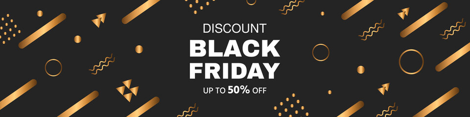 Black Friday typography banner. Black Friday background design with golden geometric decor. Black Friday modern typography illustration on black background. Black Friday sale banner design template.
