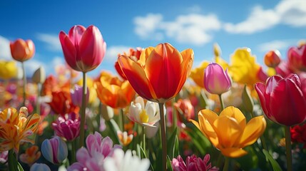 Fototapeta premium Vibrant tulips in various colors bloom under a clear blue sky, creating a lively spring scene.