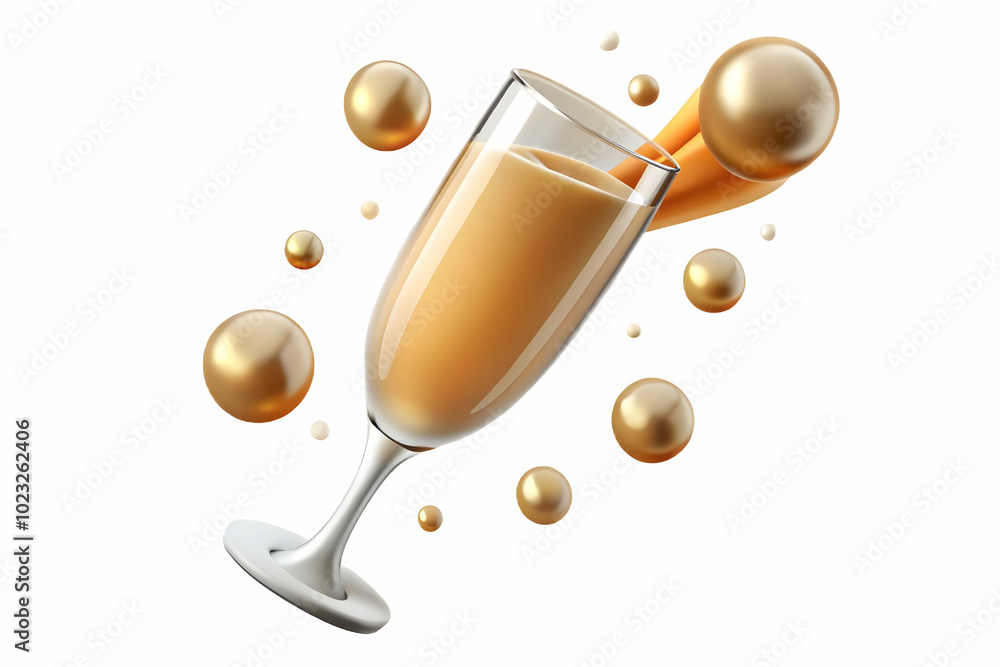 Poster elegant floating champagne flute with bubbles creating celebratory burst and cheers text - premium v