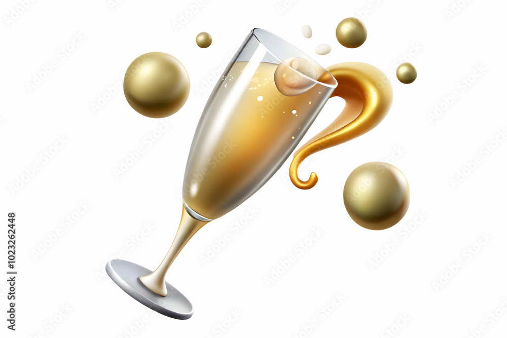 Poster floating champagne flute with bubbles creating celebratory burst - elegant vector design with cheers