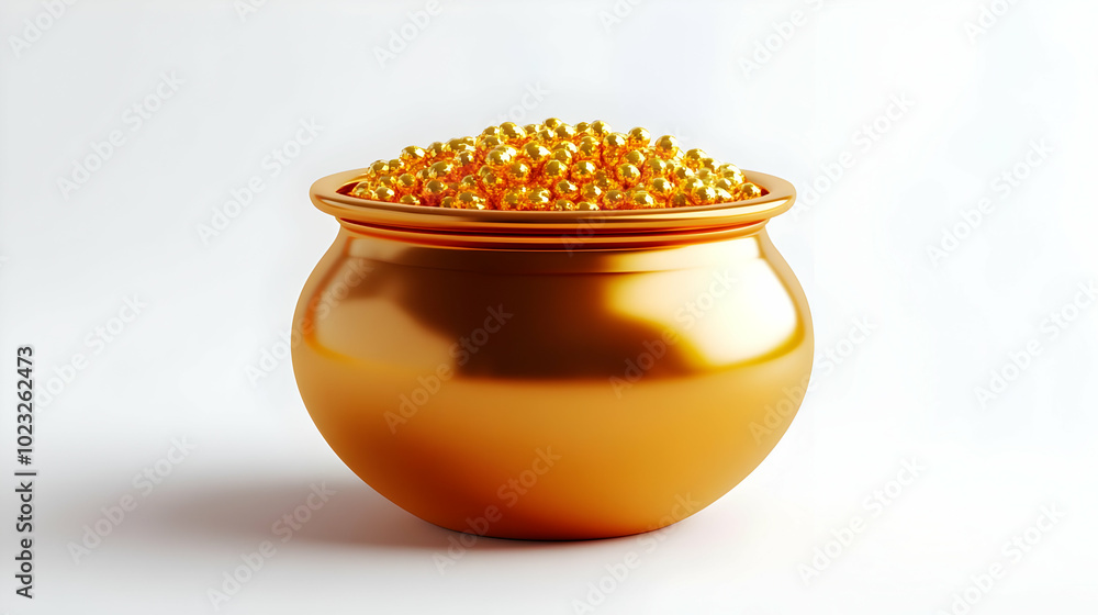Poster explore a glossy 3d icon vector of a dhanteras pot of gold, featuring text and zoom camera movement 