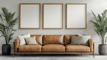 Three Empty Picture Frames Hung Above a Brown Leather Sofa in a Minimalist Living Room Interior Design
