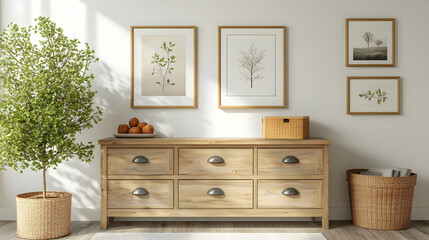 3D Rendering of a Wooden Dresser with Six Drawers and a Basket Beside it in a Modern Minimalist Interior Design
