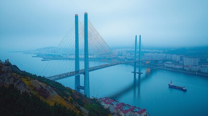 Fototapeta premium Golden Horn Bay in Vladivostok, misty morning