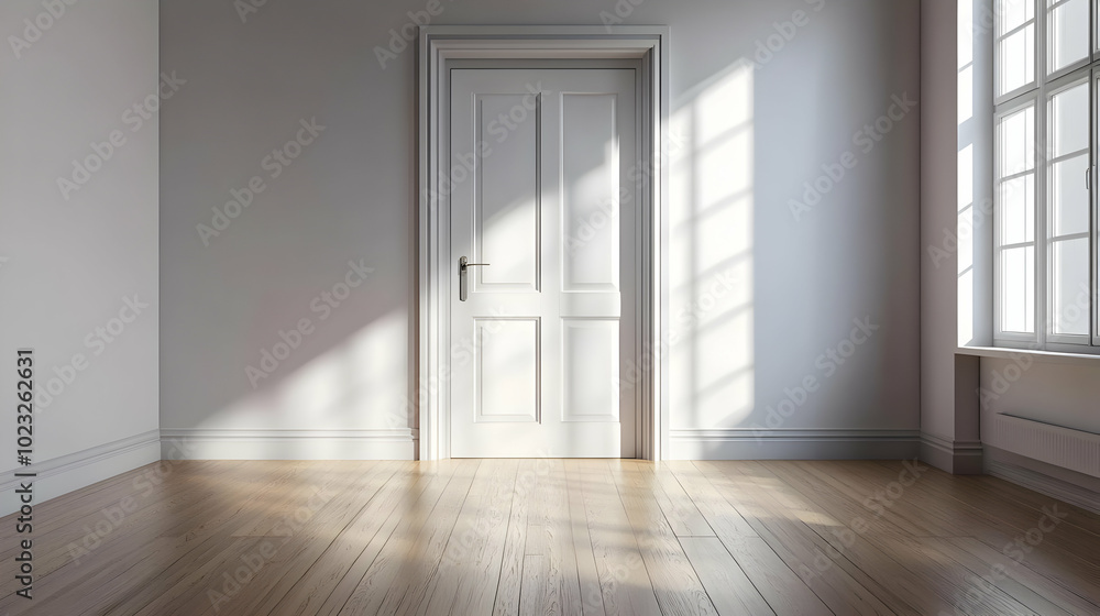 Aufkleber sunlight streaming through a window into an empty room with a white door