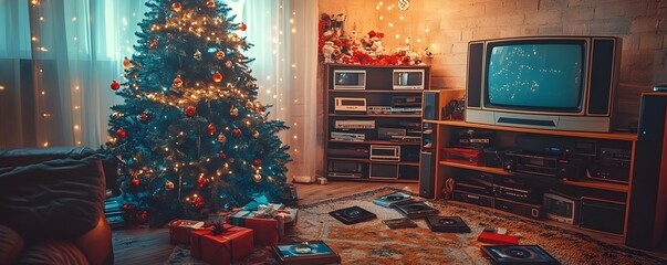 Cozy Retro 80s Christmas Living Room with Decorated Tree and Scattered VHS Tapes