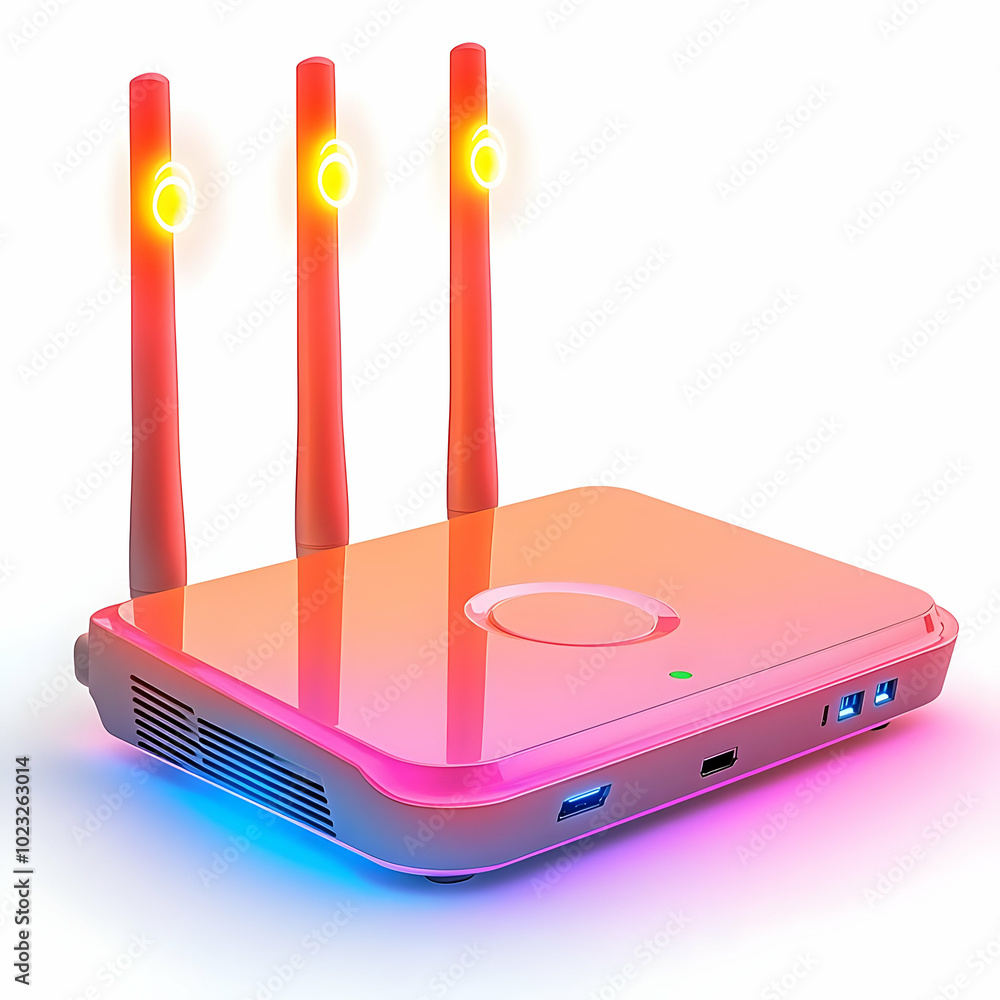 Poster wireless router with holographic signal indicators - isolated image on white background for remote w