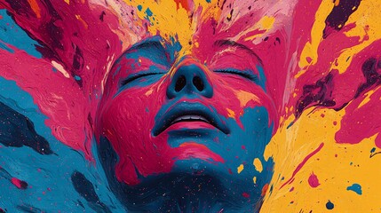 A vibrant explosion of colors surrounds a serene face, creating a mesmerizing blend of art and emotion.
