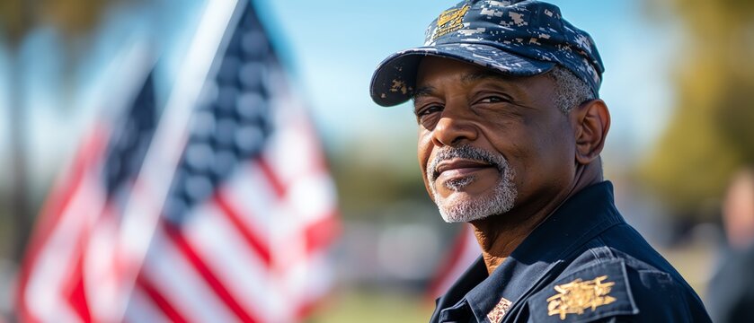 Portrait of a senior man in military uniform with an American flag in the background.