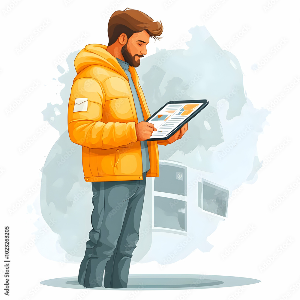 Poster person reviewing documents on tablet with glossy finish - emphasizing remote work efficiency and dig